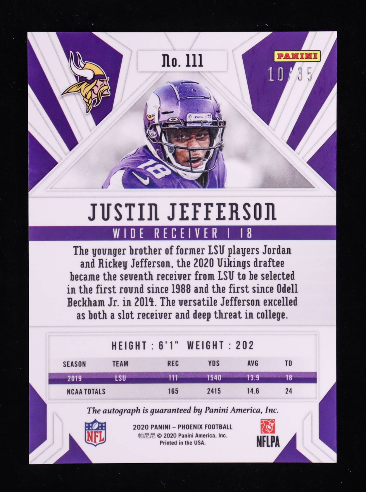 Justin Jefferson 2020 Panini Phoenix Rookie Autographs Pink #111 RC #10/35 at PristineAuction.com Justin Jefferson 2020 Panini Phoenix Rookie Autographs Pink #111 RC #10/35 at PristineAuction.com