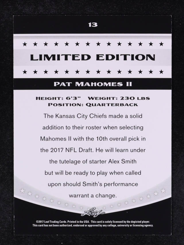 Patrick Mahomes II 2017 Leaf Special Release Limited Edition #13 RC at PristineAuction.com Patrick Mahomes II 2017 Leaf Special Release Limited Edition #13 RC at PristineAuction.com