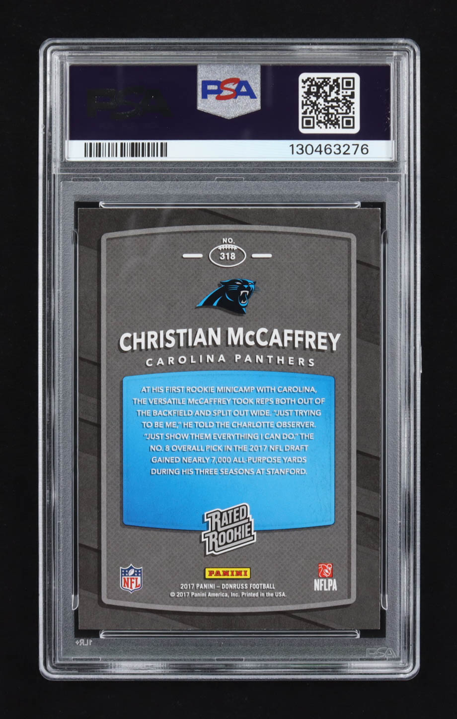 Christian McCaffrey 2017 Panini Donruss RR #318 RC (PSA 9) at PristineAuction.com Christian McCaffrey 2017 Panini Donruss RR #318 RC (PSA 9) at PristineAuction.com