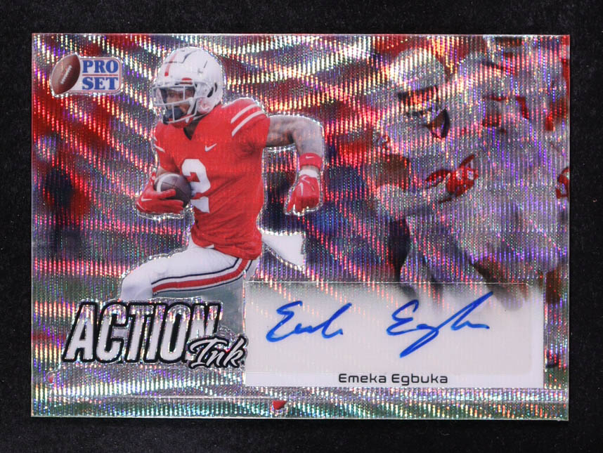 Emeka Egbuka 2022 Leaf Pro Set Metal Action Ink Wave Silver #AIEE1 #27/40 RC at PristineAuction.com Emeka Egbuka 2022 Leaf Pro Set Metal Action Ink Wave Silver #AIEE1 #27/40 RC at PristineAuction.com