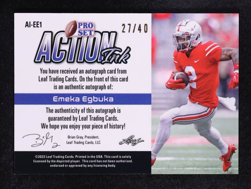 Emeka Egbuka 2022 Leaf Pro Set Metal Action Ink Wave Silver #AIEE1 #27/40 RC at PristineAuction.com Emeka Egbuka 2022 Leaf Pro Set Metal Action Ink Wave Silver #AIEE1 #27/40 RC at PristineAuction.com