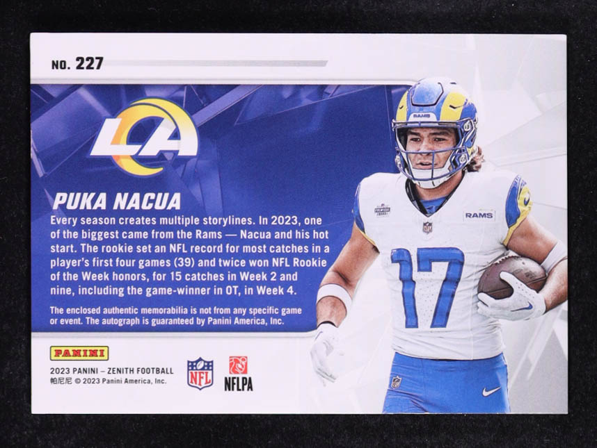 Puka Nacua 2023 Zenith #227 Jersey Autograph #233/299 RC at PristineAuction.com Puka Nacua 2023 Zenith #227 Jersey Autograph #233/299 RC at PristineAuction.com