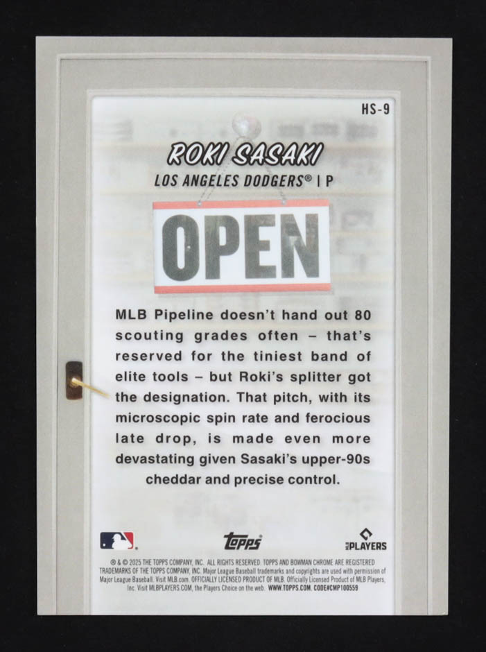 Roki Sasaki 2025 Bowman Chrome Hobby Stars Aqua Refractors #HS9 #020/125 RC at PristineAuction.com Roki Sasaki 2025 Bowman Chrome Hobby Stars Aqua Refractors #HS9 #020/125 RC at PristineAuction.com