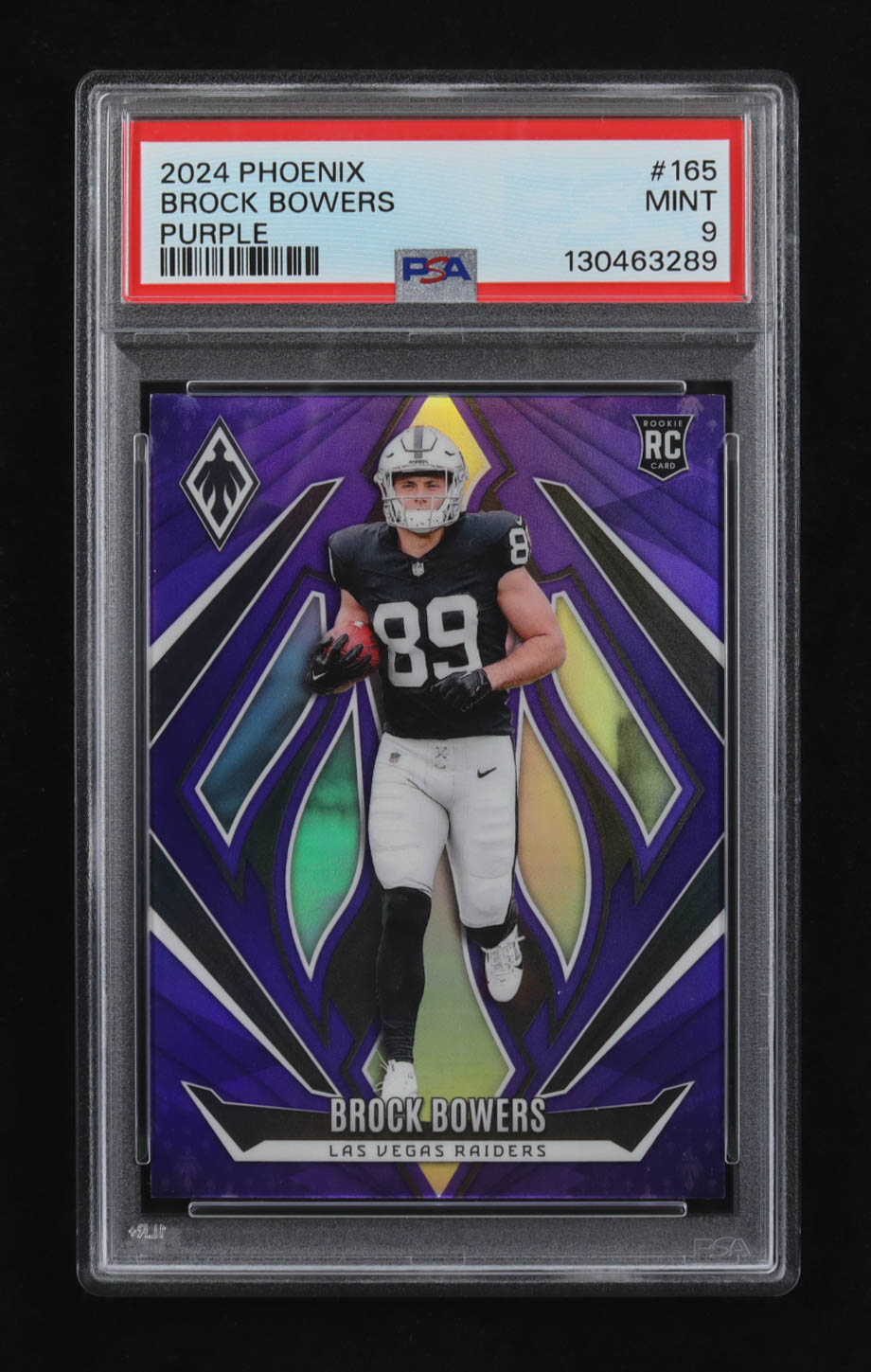 Brock Bowers 2024 Panini Phoenix Purple #165 RC (PSA 9) at PristineAuction.com Brock Bowers 2024 Panini Phoenix Purple #165 RC (PSA 9) at PristineAuction.com