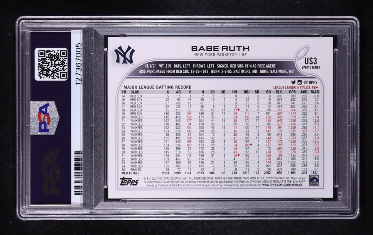 Babe Ruth 2022 Topps Update Photo Variations #US3 (PSA 10) at PristineAuction.com Babe Ruth 2022 Topps Update Photo Variations #US3 (PSA 10) at PristineAuction.com