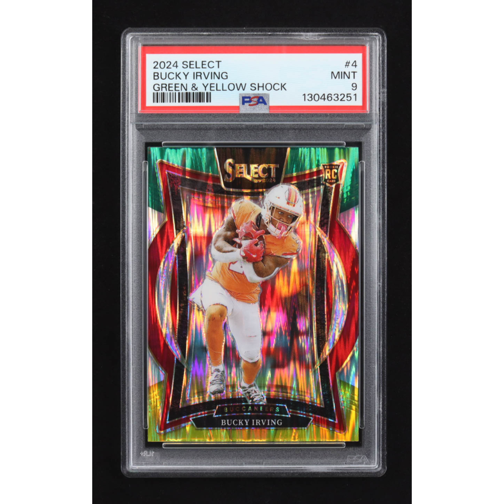 Bucky Irving 2024 Panini Select Green & Yellow Shock #4 RC (PSA 9) at PristineAuction.com
