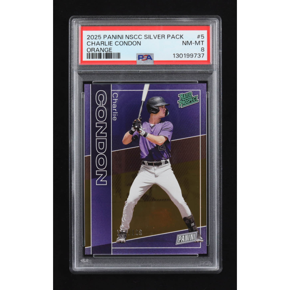 Charlie Condon 2025 Panini NSCC Silver Pack Orange Rated Prospect #RP-5 RC (PSA 8) at PristineAuction.com