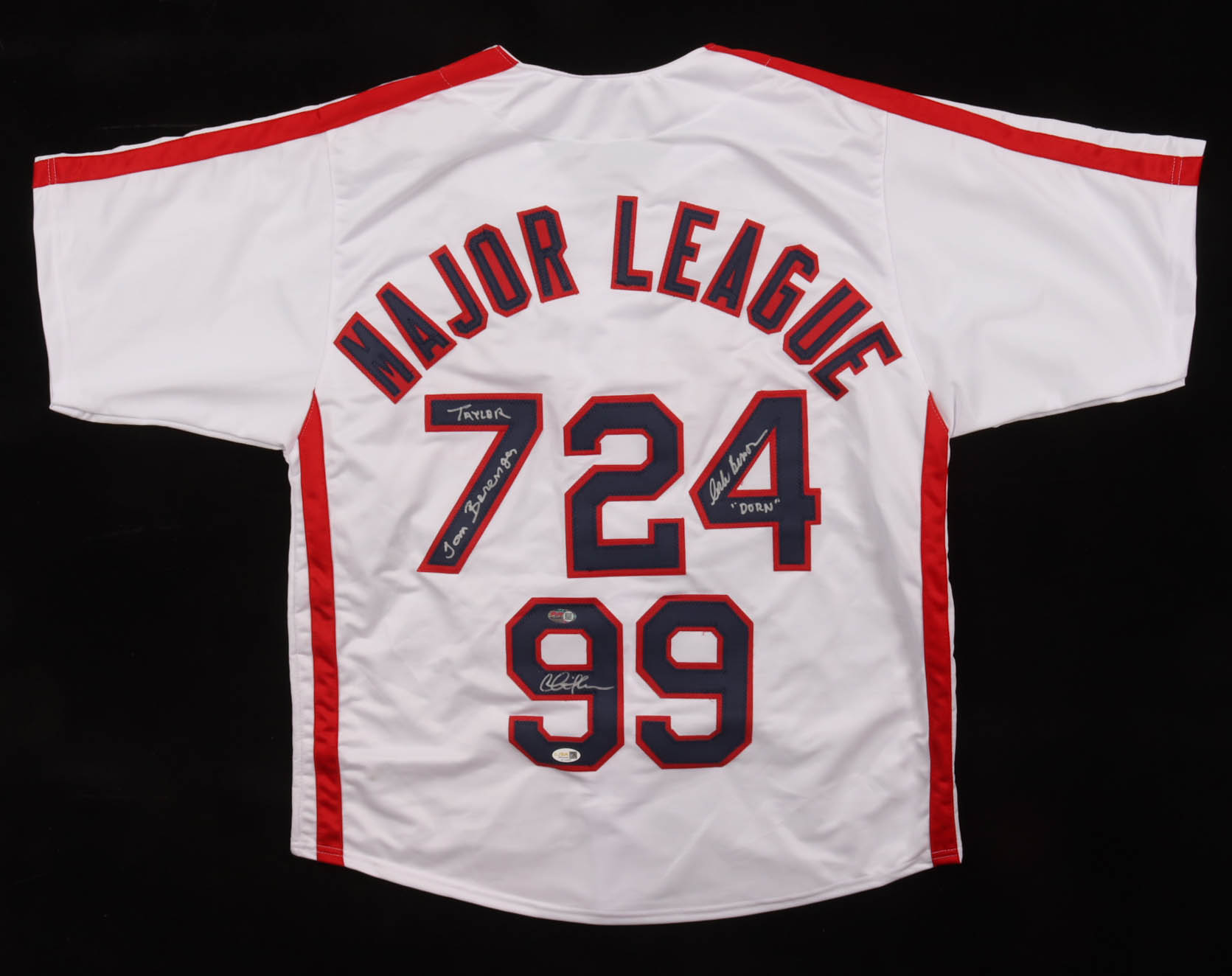 Charlie Sheen, Tom Berenger & Corbin Bernsen Signed "Major League" Jersey Inscribed "Taylor" & "Dorn" (JSA) at PristineAuction.com Charlie Sheen, Tom Berenger & Corbin Bernsen Signed "Major League" Jersey Inscribed "Taylor" & "Dorn" (JSA) at PristineAuction.com