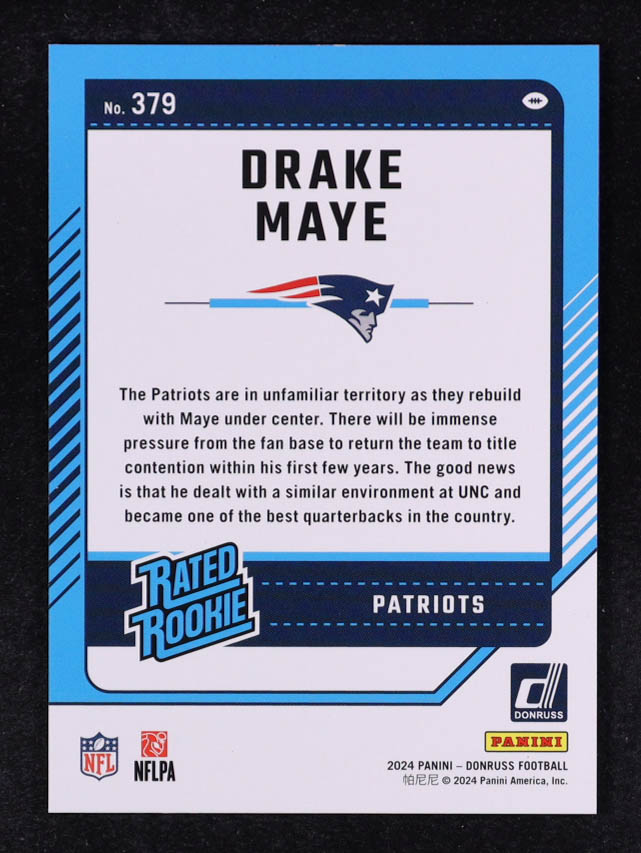 Drake Maye 2024 Donruss Press Proof Purple #379 RR RC at PristineAuction.com Drake Maye 2024 Donruss Press Proof Purple #379 RR RC at PristineAuction.com