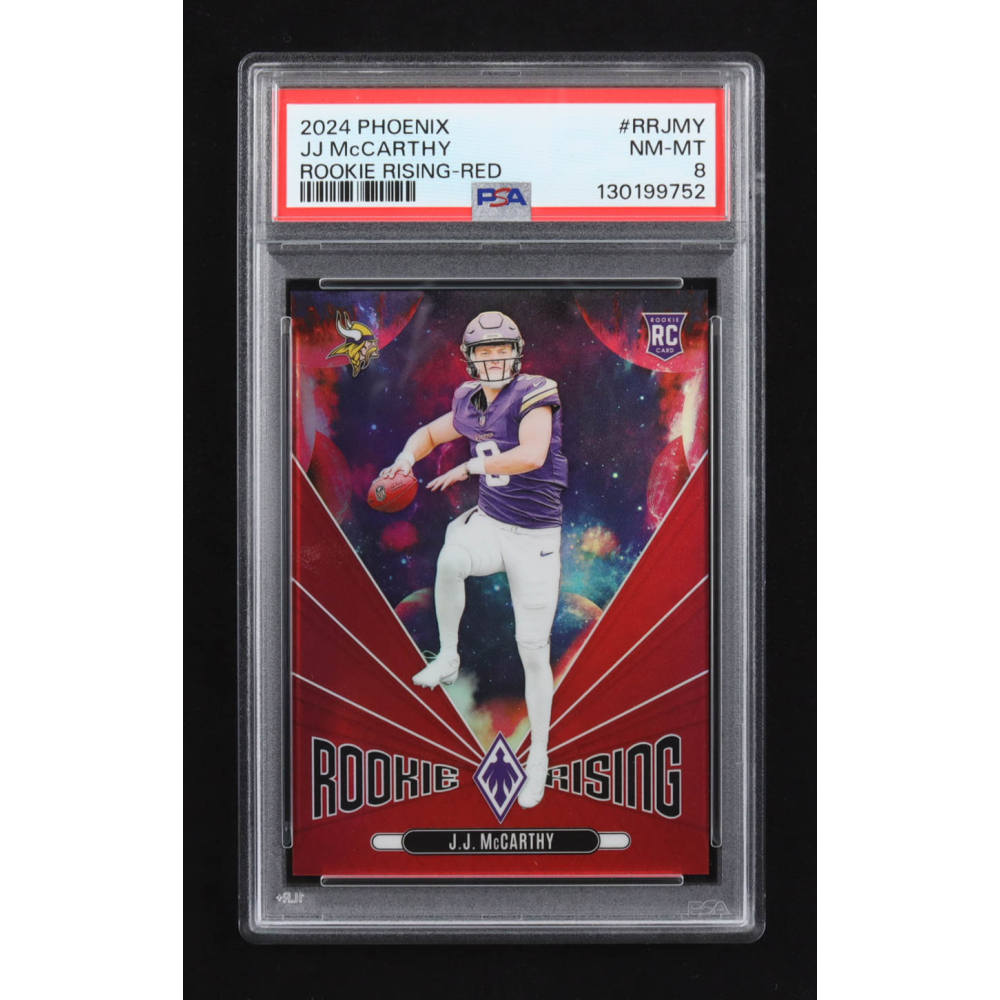 JJ McCarthy 2024 Panini Phoenix Rookie Rising Red #RR-JMY RC #91/99 (PSA 8) at PristineAuction.com
