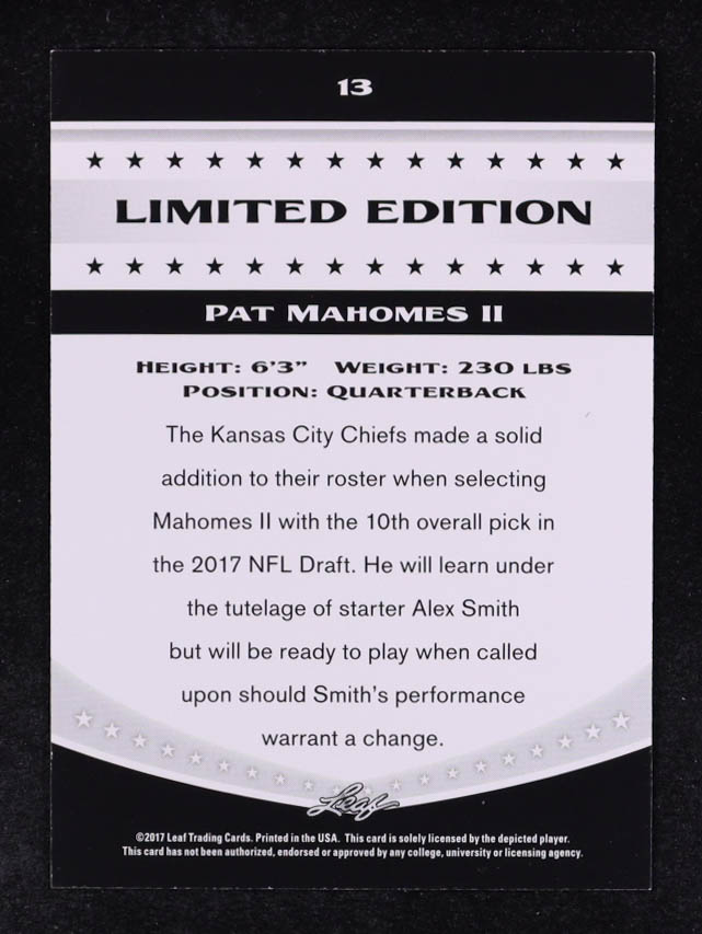 Patrick Mahomes II 2017 Leaf Special Release Limited Edition #13 RC at PristineAuction.com Patrick Mahomes II 2017 Leaf Special Release Limited Edition #13 RC at PristineAuction.com