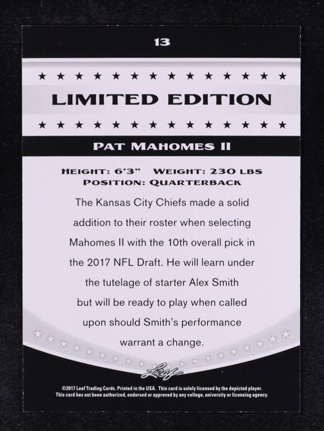 Patrick Mahomes II 2017 Leaf Special Release Limited Edition #13 RC at PristineAuction.com Patrick Mahomes II 2017 Leaf Special Release Limited Edition #13 RC at PristineAuction.com