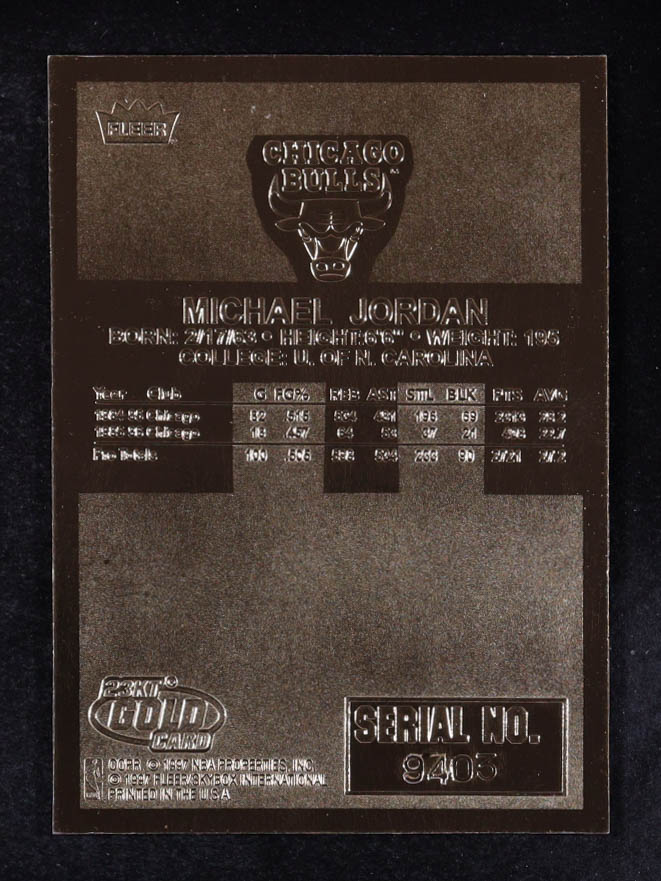 Michael Jordan 1997 Fleer Premier Feel the Game Signature Series 23KT Gold Card at PristineAuction.com Michael Jordan 1997 Fleer Premier Feel the Game Signature Series 23KT Gold Card at PristineAuction.com