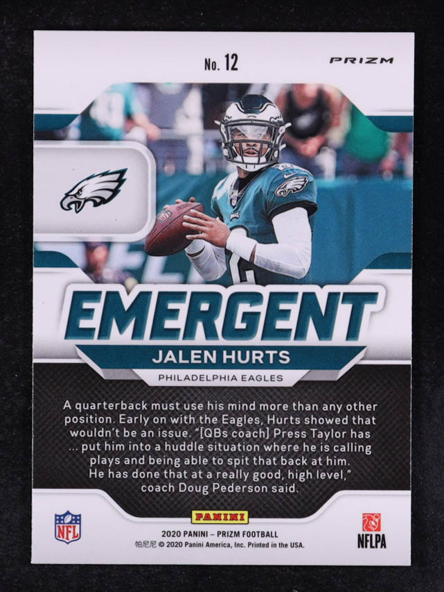 Jalen Hurts 2020 Panini Prizm Emergent Prizms Green #12 RC at PristineAuction.com Jalen Hurts 2020 Panini Prizm Emergent Prizms Green #12 RC at PristineAuction.com