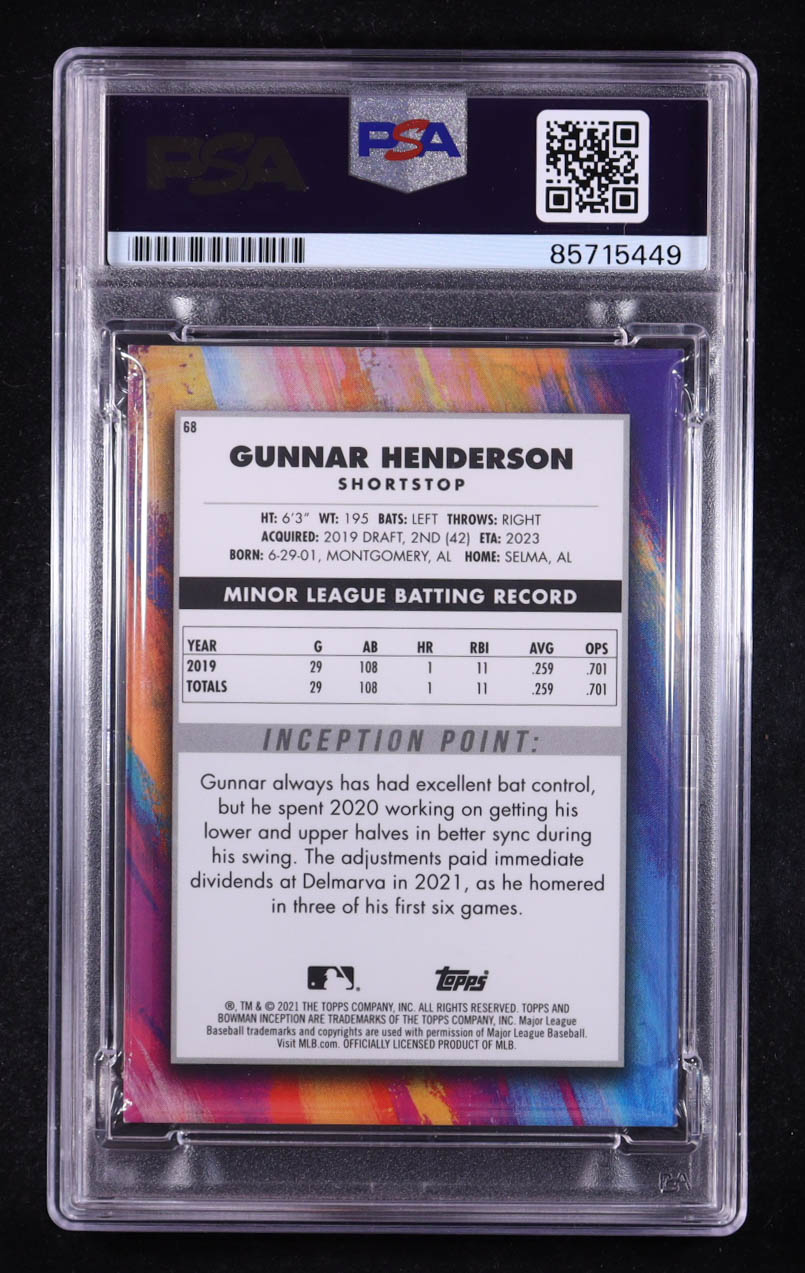 Gunnar Henderson Signed 2021 Bowman Inception Blue #68 RC #76/99 (PSA) at PristineAuction.com Gunnar Henderson Signed 2021 Bowman Inception Blue #68 RC #76/99 (PSA) at PristineAuction.com