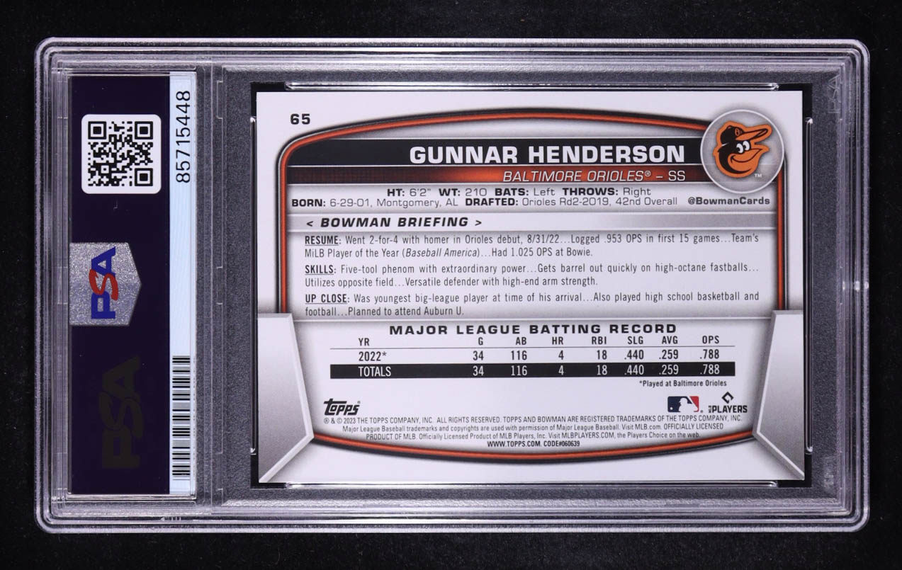 Gunnar Henderson Signed 2023 Bowman #65 RC (PSA) at PristineAuction.com Gunnar Henderson Signed 2023 Bowman #65 RC (PSA) at PristineAuction.com