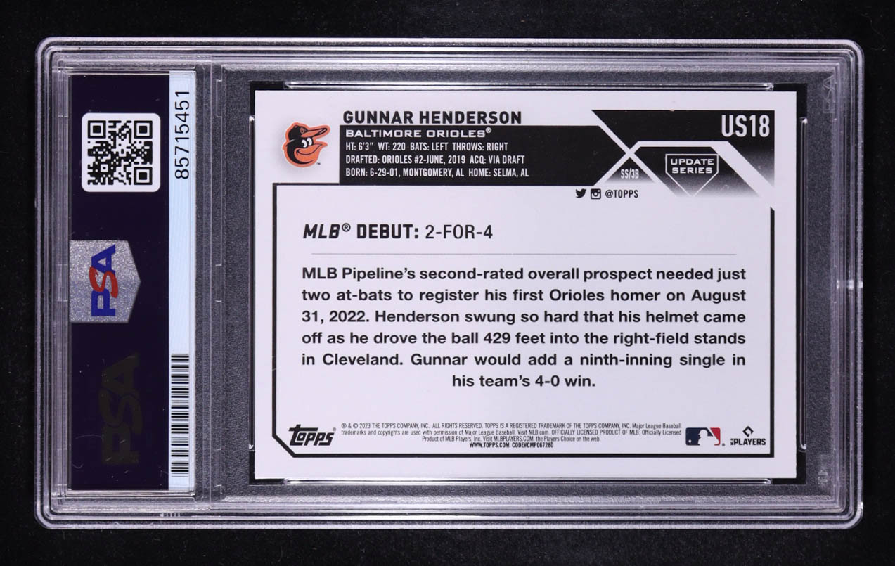 Gunnar Henderson Signed 2023 Topps Update Series #US18 RC (PSA) at PristineAuction.com Gunnar Henderson Signed 2023 Topps Update Series #US18 RC (PSA) at PristineAuction.com