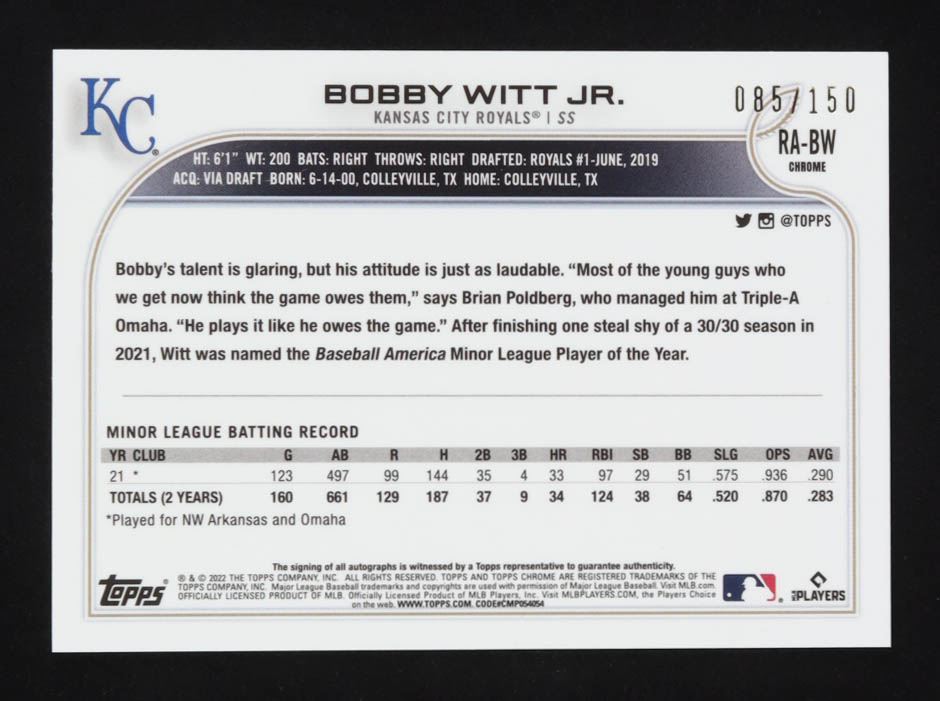 Bobby Witt Jr. 2022 Topps Chrome Rookie Autographs Blue Refractors #RABW #085/150 RC at PristineAuction.com Bobby Witt Jr. 2022 Topps Chrome Rookie Autographs Blue Refractors #RABW #085/150 RC at PristineAuction.com