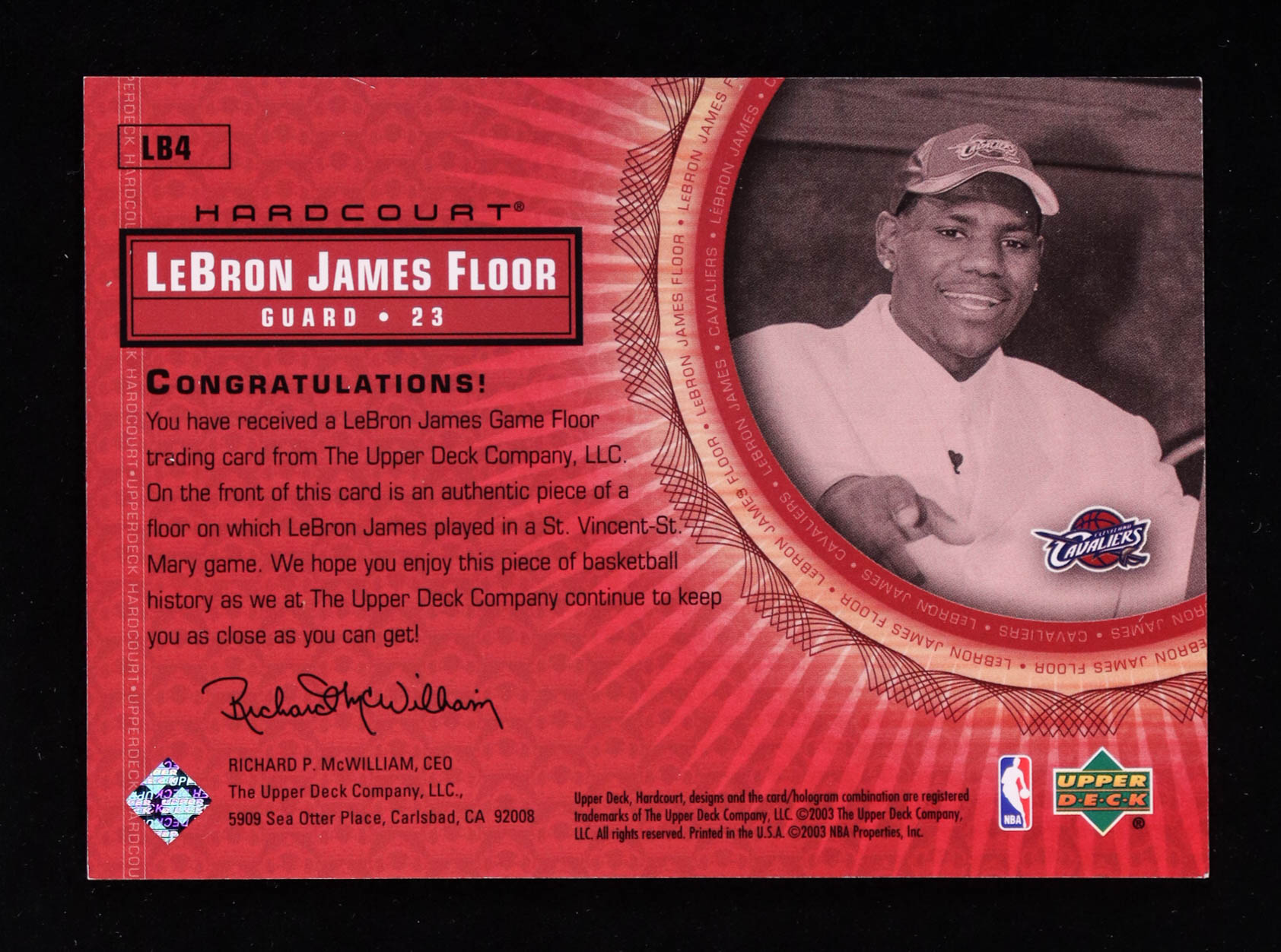 LeBron James 2003-04 Upper Deck Hardcourt LeBron James Floor #LB4 RC / White Suit Red Hat at PristineAuction.com LeBron James 2003-04 Upper Deck Hardcourt LeBron James Floor #LB4 RC / White Suit Red Hat at PristineAuction.com