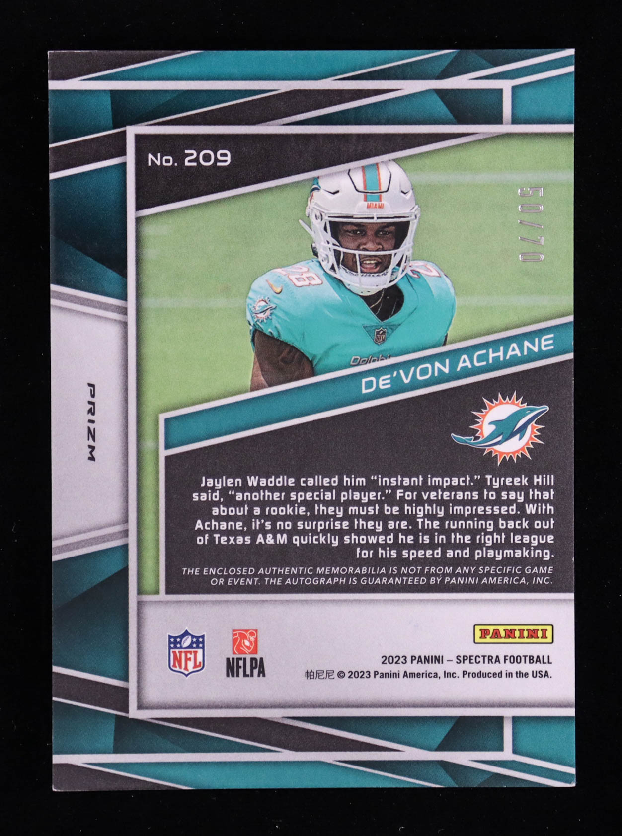 De'Von Achane 2023 Panini Spectra Supernova #209 JSY AU RC #50/70 at PristineAuction.com De'Von Achane 2023 Panini Spectra Supernova #209 JSY AU RC #50/70 at PristineAuction.com