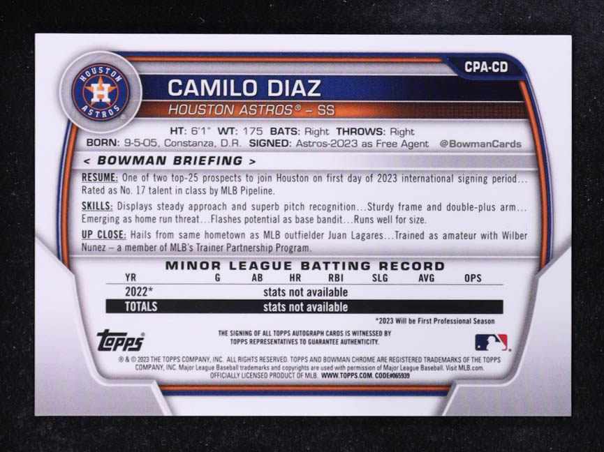 Camilo Diaz 2023 Bowman Chrome Prospect Autographs #CPACD RC at PristineAuction.com Camilo Diaz 2023 Bowman Chrome Prospect Autographs #CPACD RC at PristineAuction.com