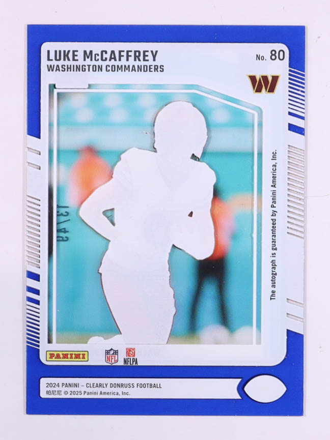 Luke McCaffrey 2024 Clearly Donruss Clearly Rated Rookie Autographs Blue #80 #13/49 RC at PristineAuction.com Luke McCaffrey 2024 Clearly Donruss Clearly Rated Rookie Autographs Blue #80 #13/49 RC at PristineAuction.com