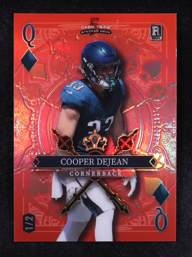 Cooper DeJean 2024 Wild Card 5 Card Draw Stacked Deck Queen Of Diamonds Red #SDPD-CDN #1/2 RC at PristineAuction.com Cooper DeJean 2024 Wild Card 5 Card Draw Stacked Deck Queen Of Diamonds Red #SDPD-CDN #1/2 RC at PristineAuction.com