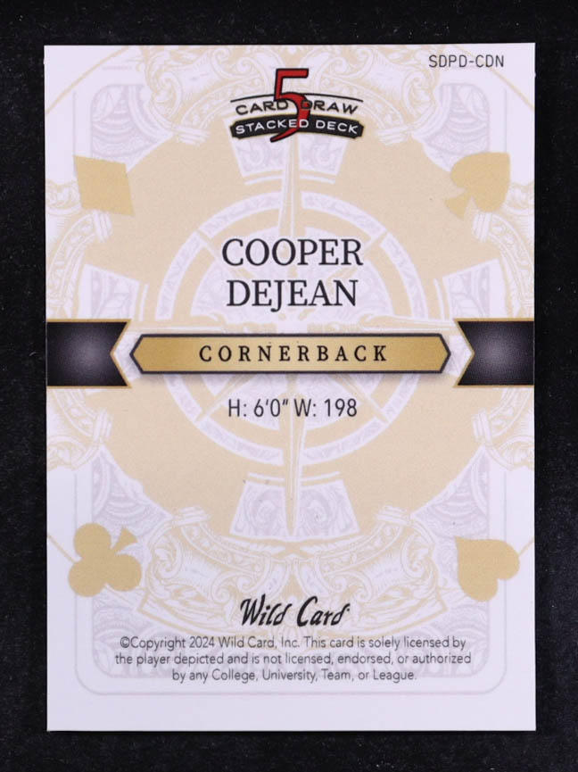 Cooper DeJean 2024 Wild Card 5 Card Draw Stacked Deck Queen Of Diamonds Red #SDPD-CDN #1/2 RC at PristineAuction.com Cooper DeJean 2024 Wild Card 5 Card Draw Stacked Deck Queen Of Diamonds Red #SDPD-CDN #1/2 RC at PristineAuction.com