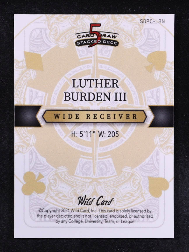 Luther Burden III 2024 Wild Card 5 Card Draw Stacked Deck King Of Clubs Blue #SDPC-LBN RC #1/1 at PristineAuction.com Luther Burden III 2024 Wild Card 5 Card Draw Stacked Deck King Of Clubs Blue #SDPC-LBN RC #1/1 at PristineAuction.com