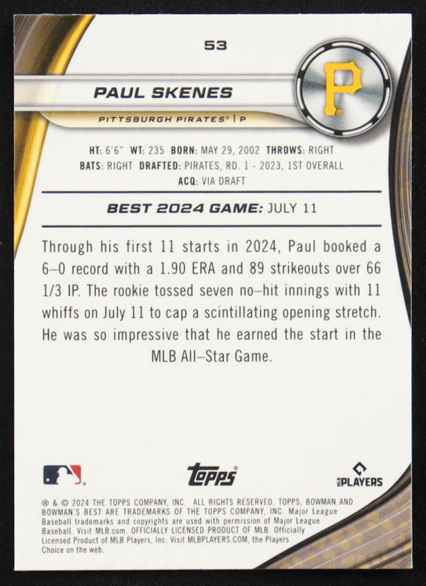 Paul Skenes 2024 Bowman's Best #53 RC at PristineAuction.com Paul Skenes 2024 Bowman's Best #53 RC at PristineAuction.com