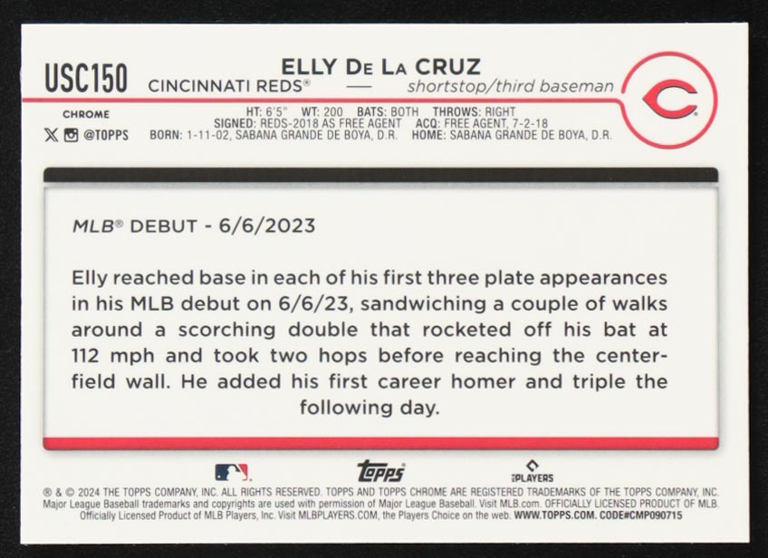 Elly De La Cruz 2024 Topps Chrome Update #USC150 RC at PristineAuction.com Elly De La Cruz 2024 Topps Chrome Update #USC150 RC at PristineAuction.com