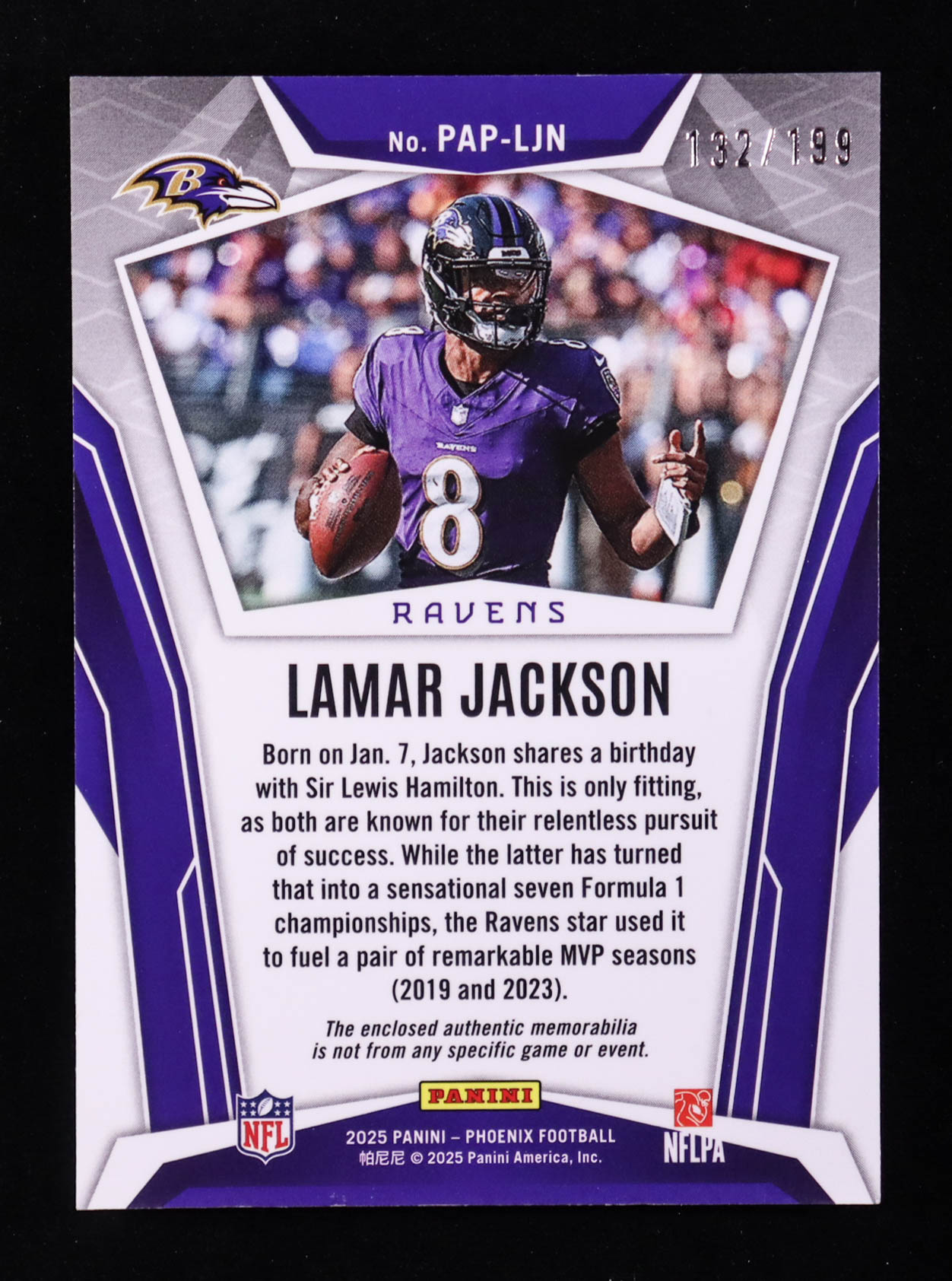 Lamar Jackson 2025 Panini Phoenix Pandora Patches Blue #1 #132/199 at PristineAuction.com Lamar Jackson 2025 Panini Phoenix Pandora Patches Blue #1 #132/199 at PristineAuction.com