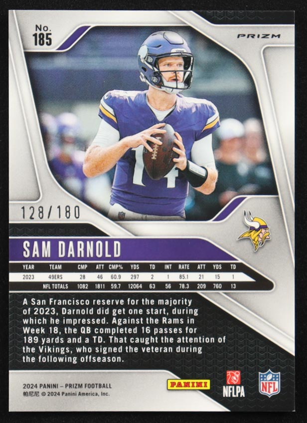 Sam Darnold 2024 Panini Prizm Prizms Hyper #185 #128/180 at PristineAuction.com Sam Darnold 2024 Panini Prizm Prizms Hyper #185 #128/180 at PristineAuction.com