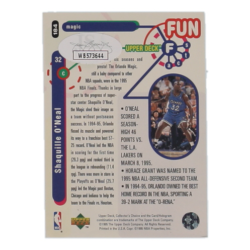 Shaquille O'Neal Signed 1995-96 Collector's Choice #184 FF (JSA) at PristineAuction.com Shaquille O'Neal Signed 1995-96 Collector's Choice #184 FF (JSA) at PristineAuction.com