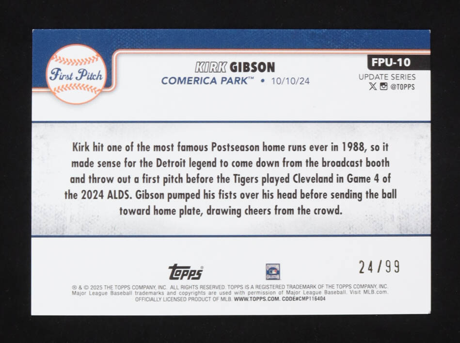 Kirk Gibson 2025 Topps Update First Pitch Green Foil #FPU10 #24/99 at PristineAuction.com Kirk Gibson 2025 Topps Update First Pitch Green Foil #FPU10 #24/99 at PristineAuction.com