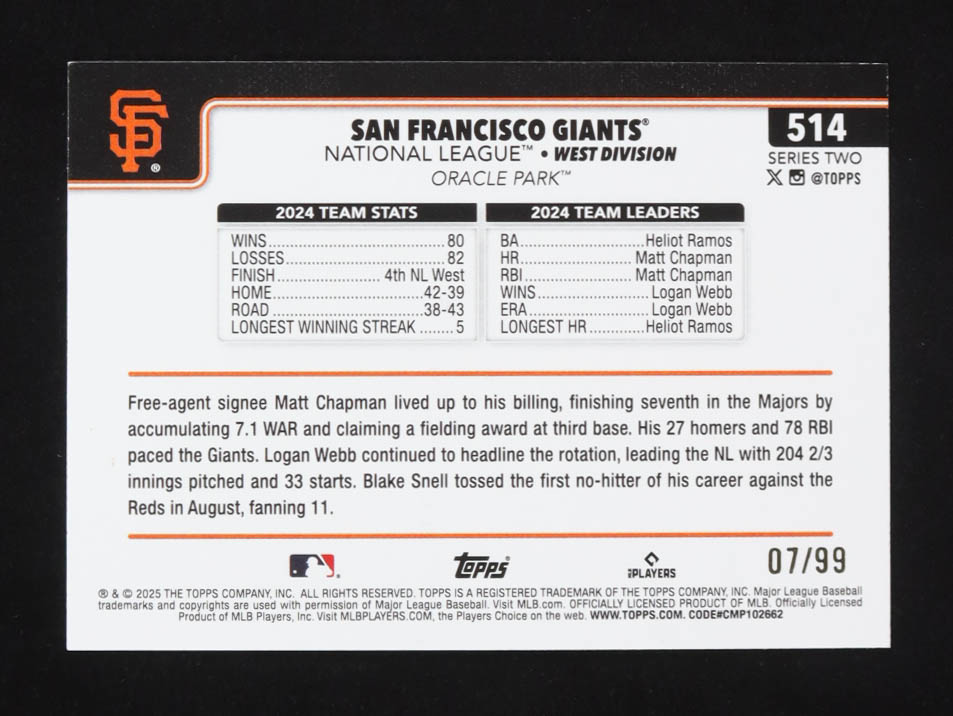 San Francisco Giants 2025 Topps Hot Dogs #514 #07/99 at PristineAuction.com San Francisco Giants 2025 Topps Hot Dogs #514 #07/99 at PristineAuction.com