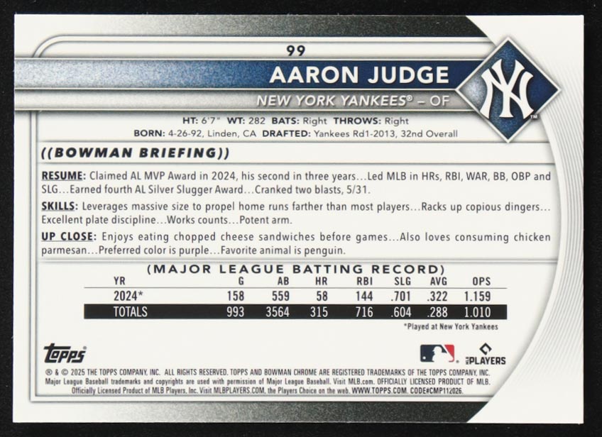 Aaron Judge 2025 Bowman Chrome #99 at PristineAuction.com Aaron Judge 2025 Bowman Chrome #99 at PristineAuction.com