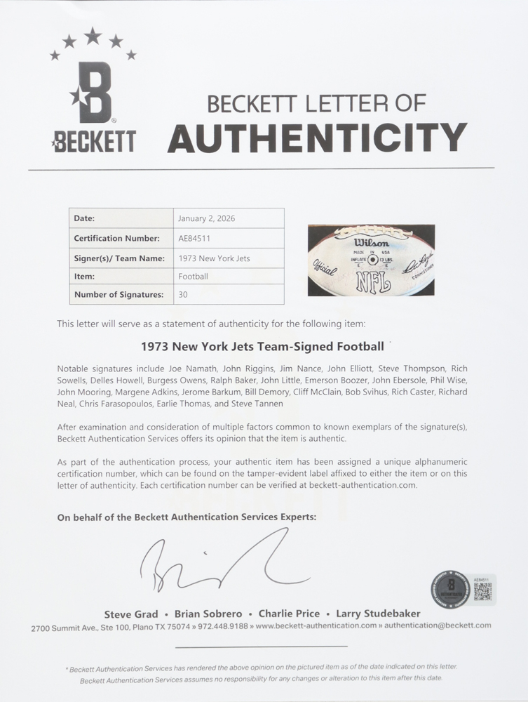 1973 Jets NFL Football Hand-Signed by (30) with Joe Namath, John Riggins, Jim Nance, John Elliott (Beckett) at PristineAuction.com 1973 Jets NFL Football Hand-Signed by (30) with Joe Namath, John Riggins, Jim Nance, John Elliott (Beckett) at PristineAuction.com