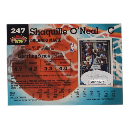 Shaquille O'Neal Signed 1992-93 Stadium Club #247 RC (JSA) at PristineAuction.com Shaquille O'Neal Signed 1992-93 Stadium Club #247 RC (JSA) at PristineAuction.com