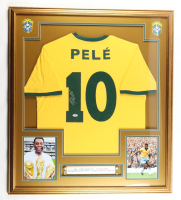 Pele Signed Custom Framed Jersey Display with (2) World Cup Trophy Pins (PSA) at PristineAuction.com