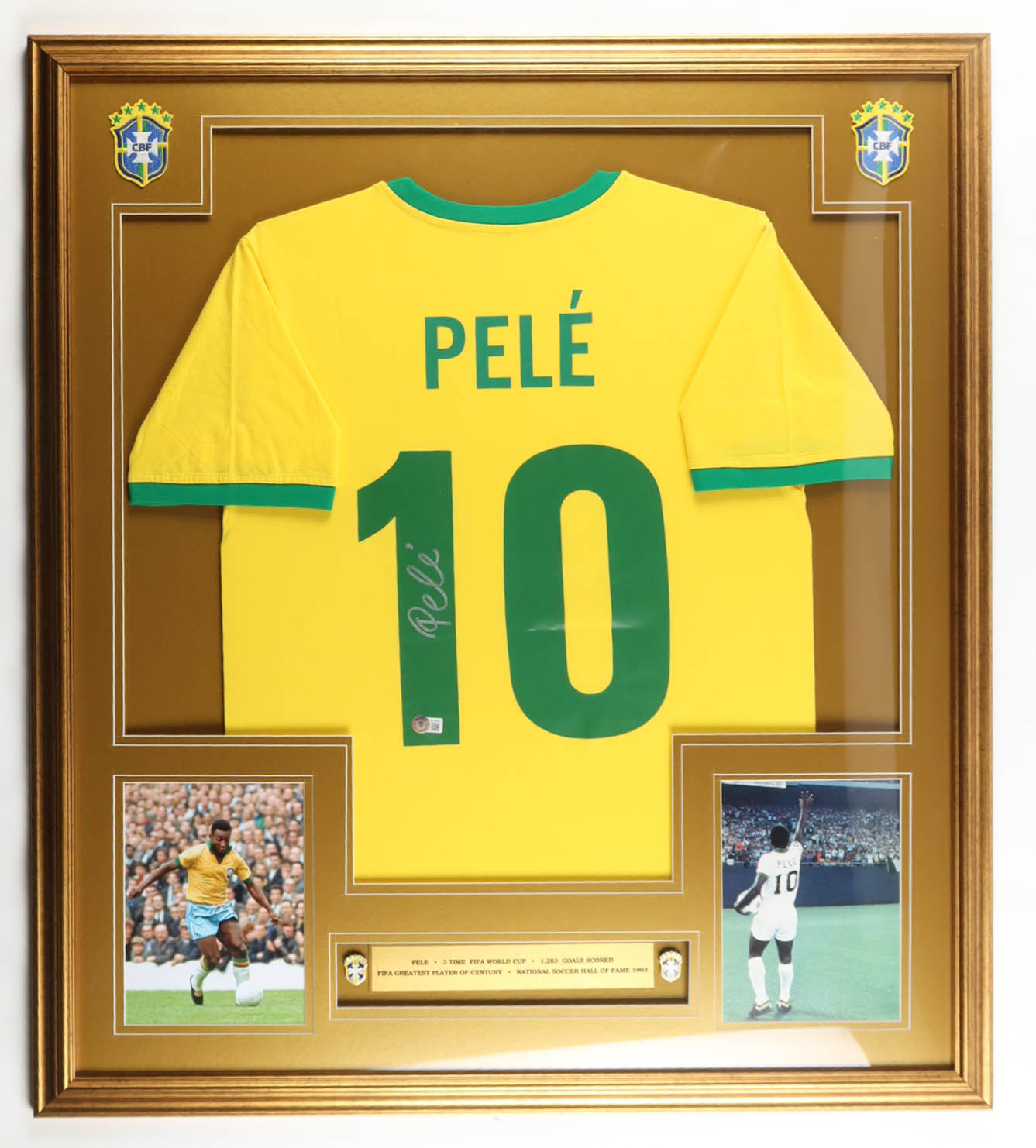 Pele Signed Custom Framed Jersey Display with (2) Team Brazil Logo Pins (Beckett) at PristineAuction.com Pele Signed Custom Framed Jersey Display with (2) Team Brazil Logo Pins (Beckett) at PristineAuction.com