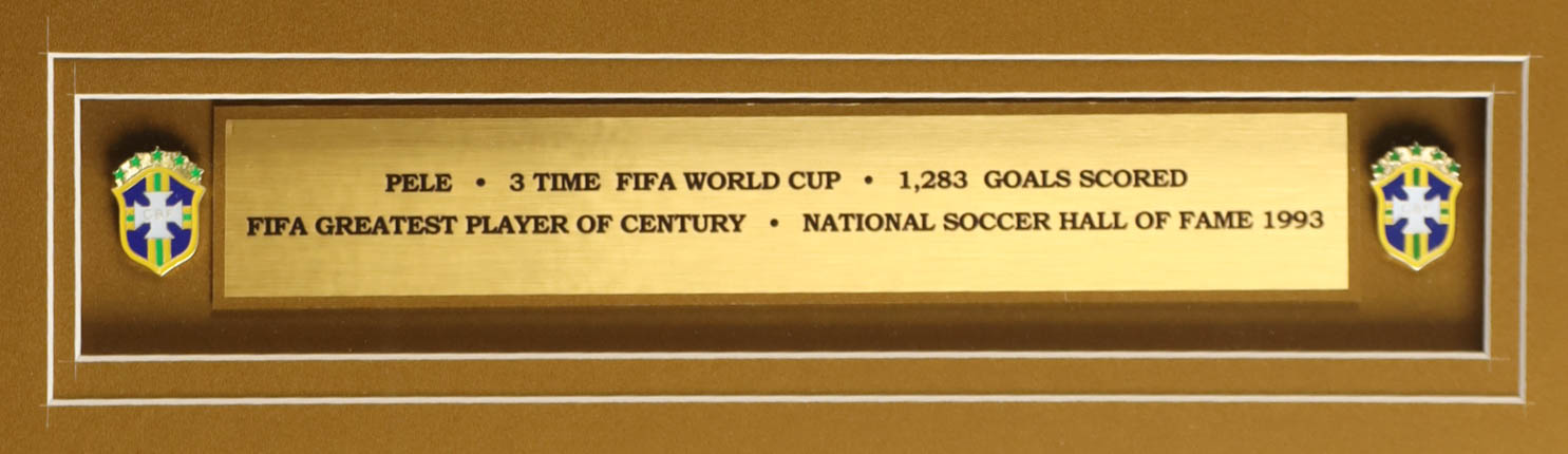 Pele Signed Custom Framed Jersey Display with (2) Team Brazil Logo Pins (Beckett) at PristineAuction.com Pele Signed Custom Framed Jersey Display with (2) Team Brazil Logo Pins (Beckett) at PristineAuction.com