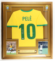 Pele Signed Custom Framed Jersey Display with (2) Team Brazil Logo Pins (Beckett) at PristineAuction.com