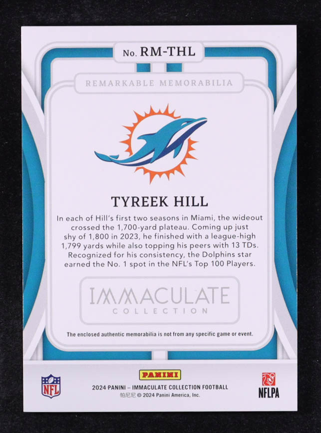 Tyreek Hill 2024 Immaculate Collection Remarkable Memorabilia #25 #14/49 at PristineAuction.com Tyreek Hill 2024 Immaculate Collection Remarkable Memorabilia #25 #14/49 at PristineAuction.com