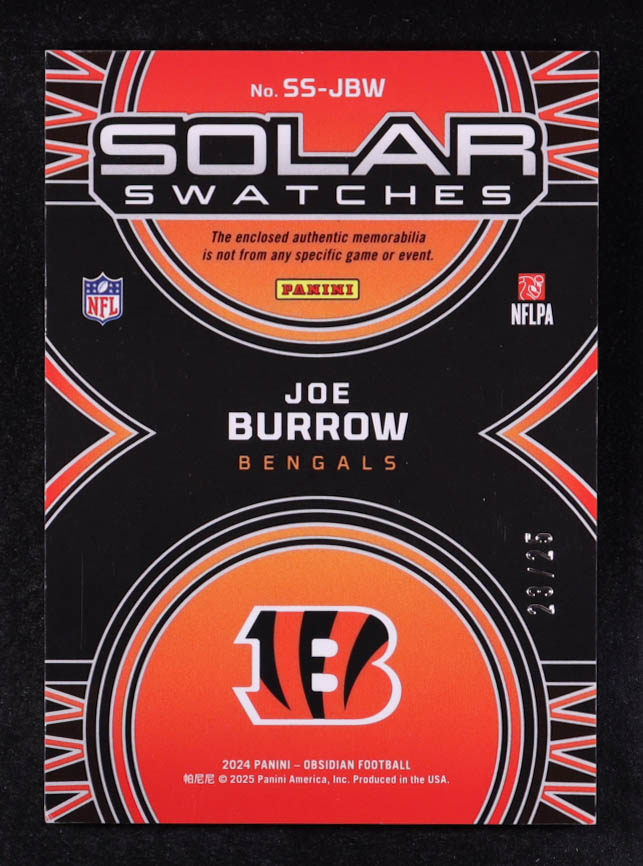 Joe Burrow 2024 Panini Obsidian Solar Swatches Blue #10 #23/25 at PristineAuction.com Joe Burrow 2024 Panini Obsidian Solar Swatches Blue #10 #23/25 at PristineAuction.com