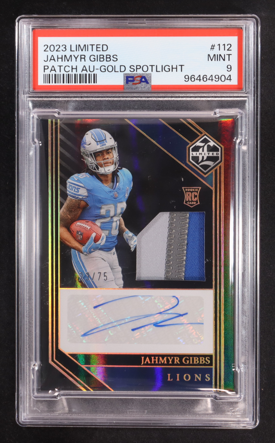Jahmyr Gibbs 2023 Limited Gold Spotlight #112 JSY AU EXCH RC #23/75 (PSA 9) at PristineAuction.com Jahmyr Gibbs 2023 Limited Gold Spotlight #112 JSY AU EXCH RC #23/75 (PSA 9) at PristineAuction.com