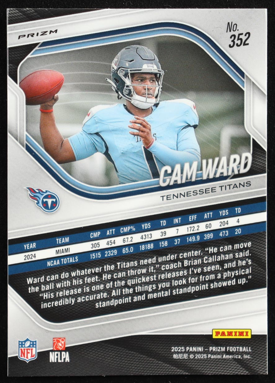 Cam Ward 2025 Panini Prizm Prizms Orange Ice #352 RC at PristineAuction.com Cam Ward 2025 Panini Prizm Prizms Orange Ice #352 RC at PristineAuction.com
