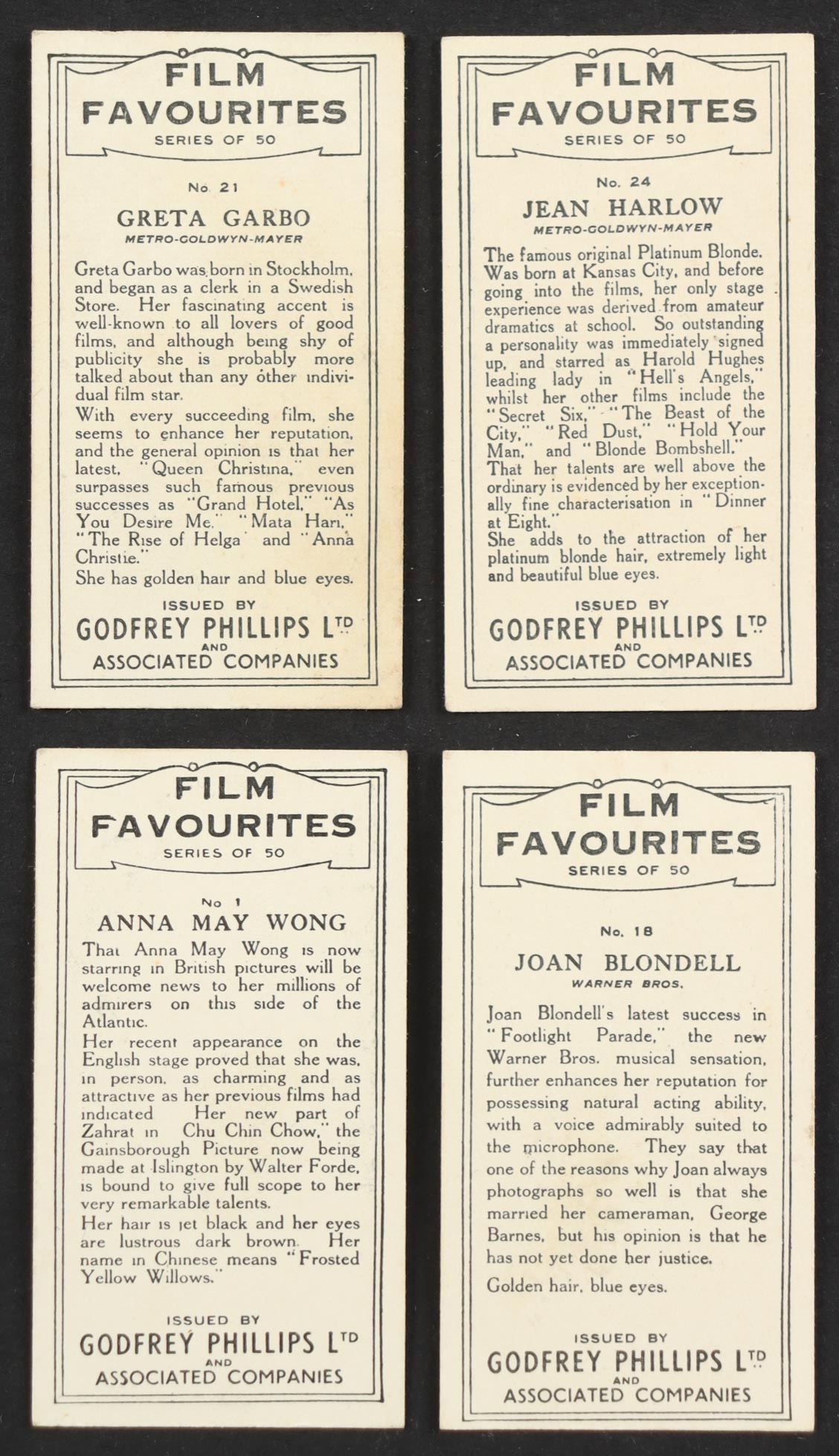 1936 Godfrey Phillips Famous Minors Complete Set of (50) Cigarette Cards with Greta Garbo #21, Jean Harlow #24, Anna May Young #1, Joan Blondell #18 at PristineAuction.com 1936 Godfrey Phillips Famous Minors Complete Set of (50) Cigarette Cards with Greta Garbo #21, Jean Harlow #24, Anna May Young #1, Joan Blondell #18 at PristineAuction.com