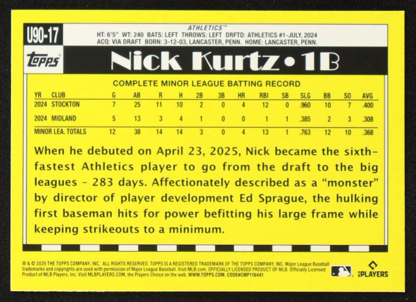 Nick Kurtz 2025 Topps Update '90 Topps #U9017 RC at PristineAuction.com Nick Kurtz 2025 Topps Update '90 Topps #U9017 RC at PristineAuction.com