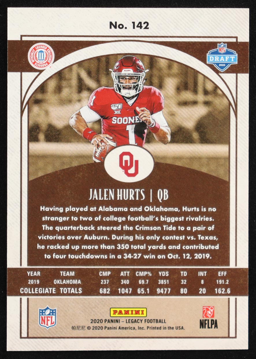 Jalen Hurts 2020 Panini Legacy Red #142 RC #169/299 at PristineAuction.com Jalen Hurts 2020 Panini Legacy Red #142 RC #169/299 at PristineAuction.com